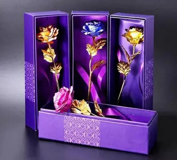 Forniture placcate 24K rosa dorata fiore San Valentino regalo di compleanno sposa bouquet da sposa oro blu rosso con borsa viola + scatola drop shi