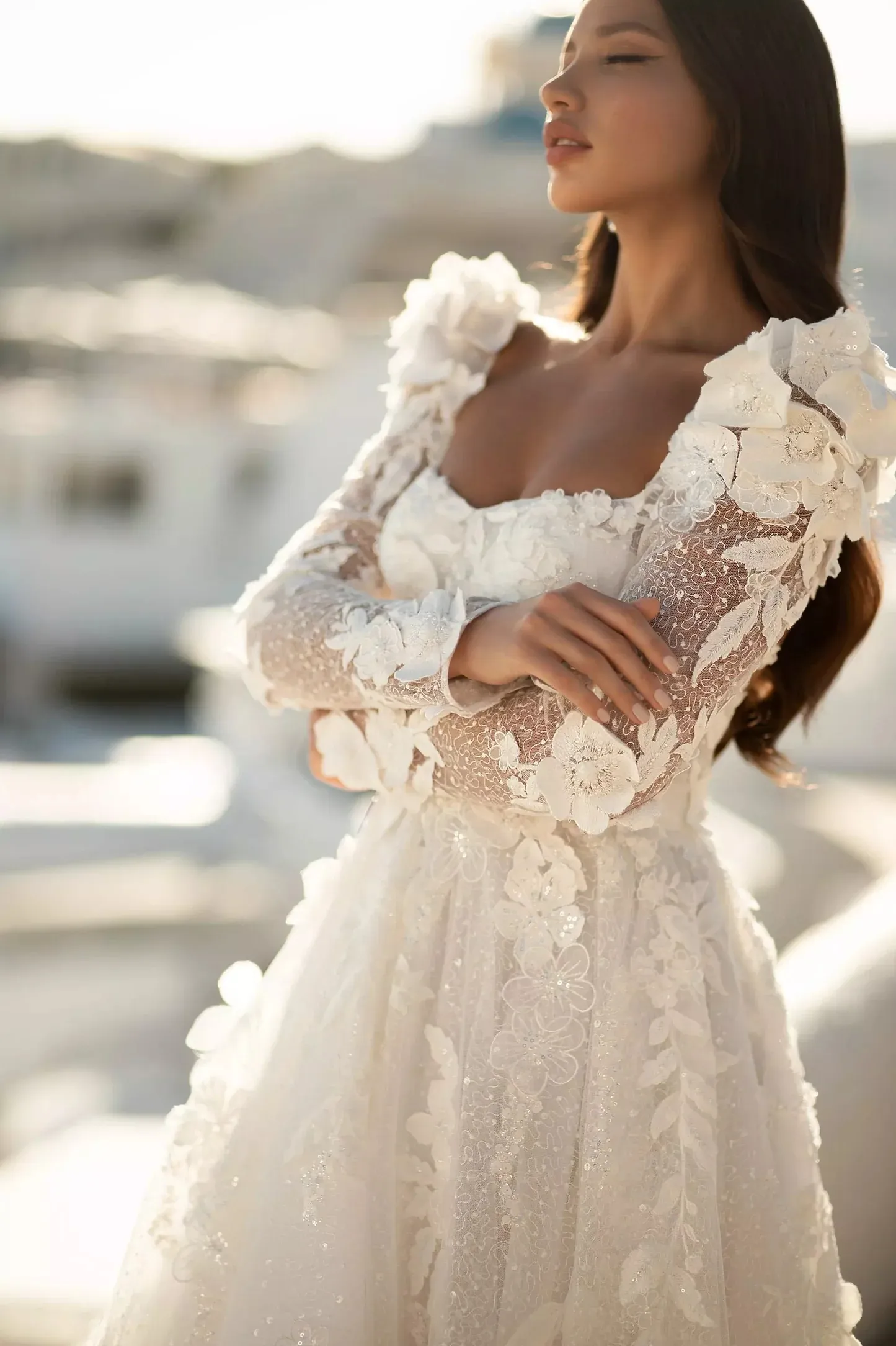 square neck a line wedding dress with sleeves A Line Wedding Dress Long Square Neck Boho Bridal Dresses – jkprom main image 0