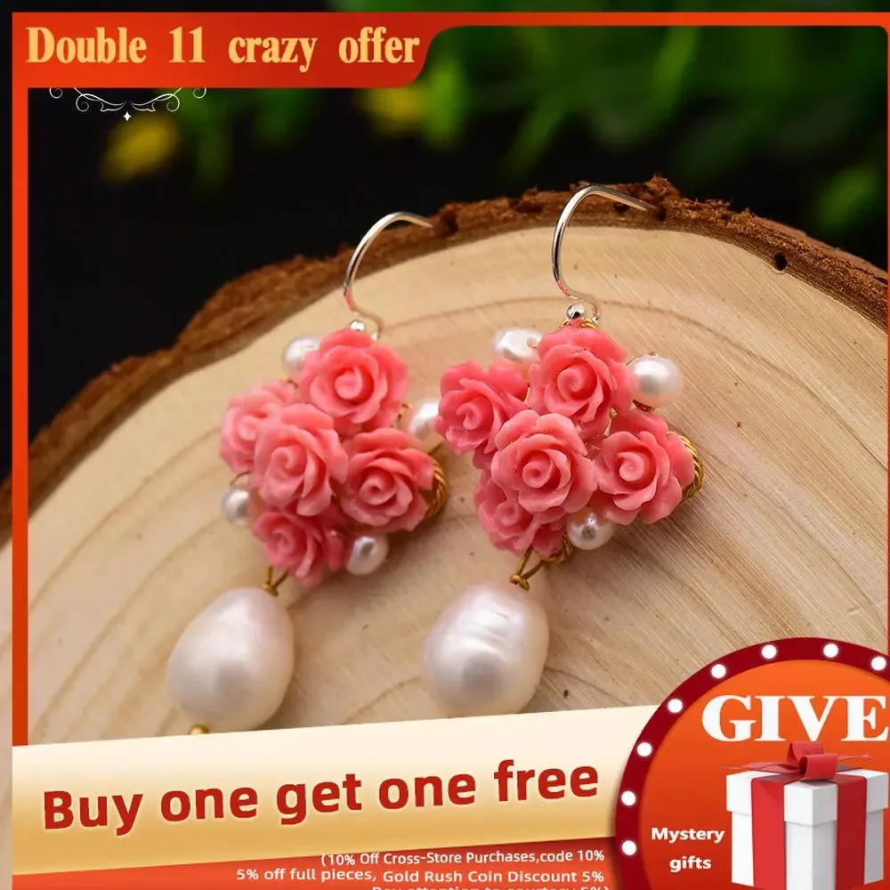 Earrings GLSEEVO Handmade Coral Red Flower Rose Dangle Earrings For Women Engagement Natural Pearl Romantic Luxury Fine Jewelry GE0608