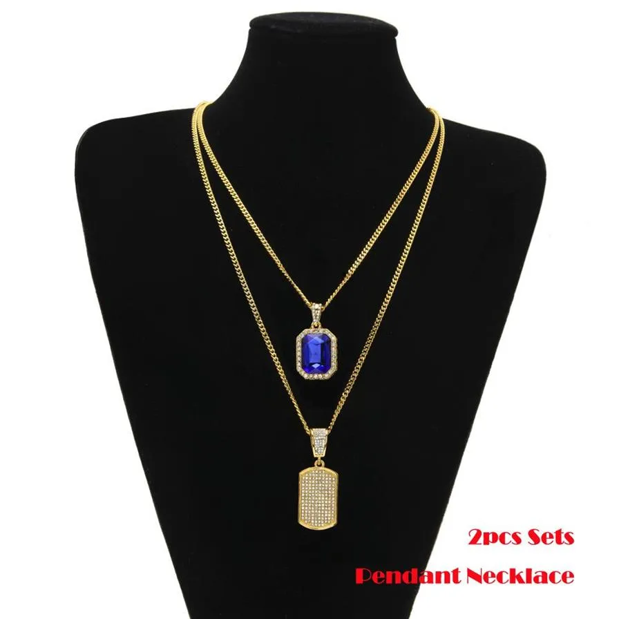 2 stks sets hanger zwart rood blauw edelsteen grote strass dog tag cubaanse ketting twee ketting mannen vrouwen hiphop sieraden 2 kettingen 2029