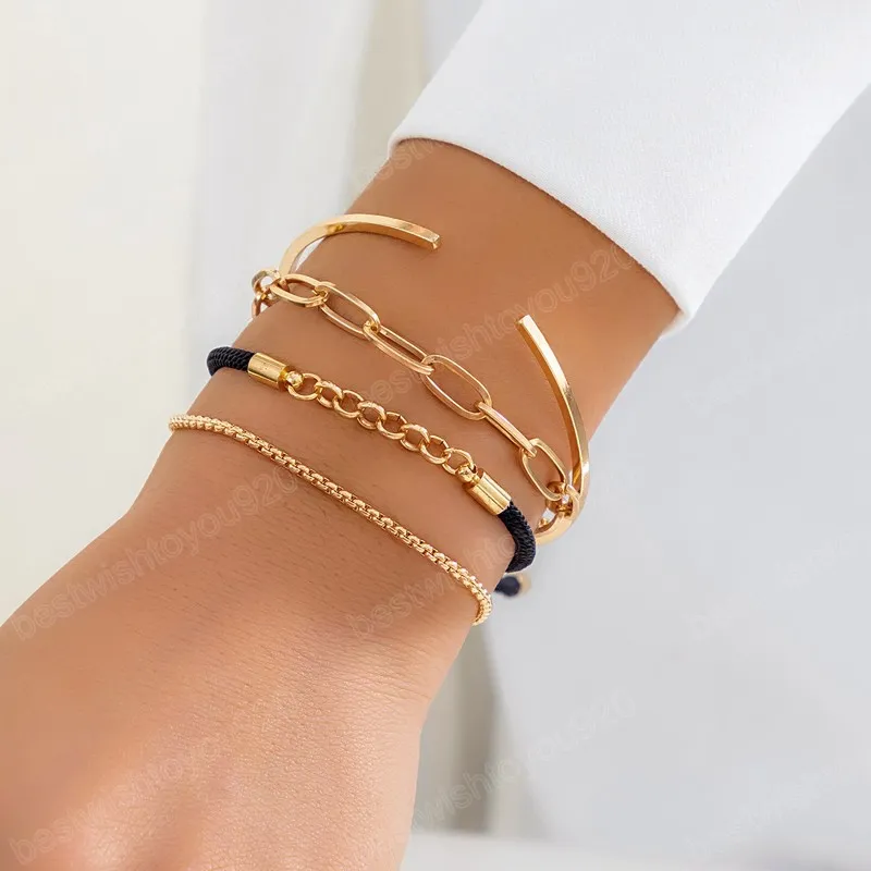 Boho Multilayer Gold Color Браслет для женщин -манжета Bangles устанавливает веревочные бретельские браслеты модные ювелирные украшения