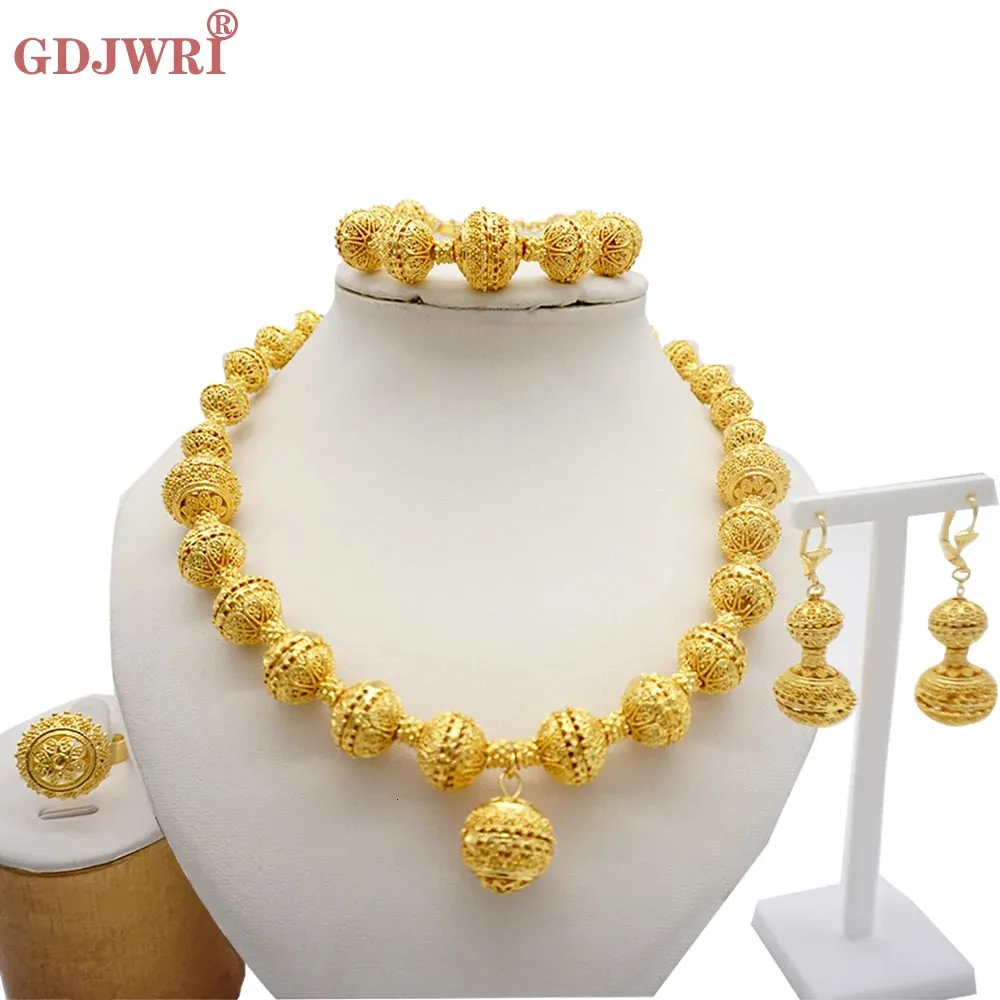 Conjuntos de colar para mulheres dubai africano cor ouro conjunto jóias noiva brincos anéis indiano nigeriano casamento jóias presente 231226