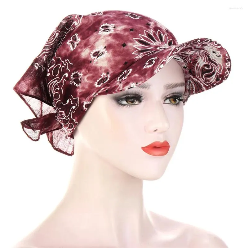 Ampla borda chapéus bandana turbante lenço quadrado floral impressão nó de volta algodão boné de beisebol mulheres lenço ao ar livre sol viseira chapéu ajustável