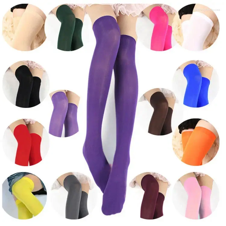 Femmes chaussettes couleurs de bonbons minces longues pour les dames sur le genou bas sexy noir noir