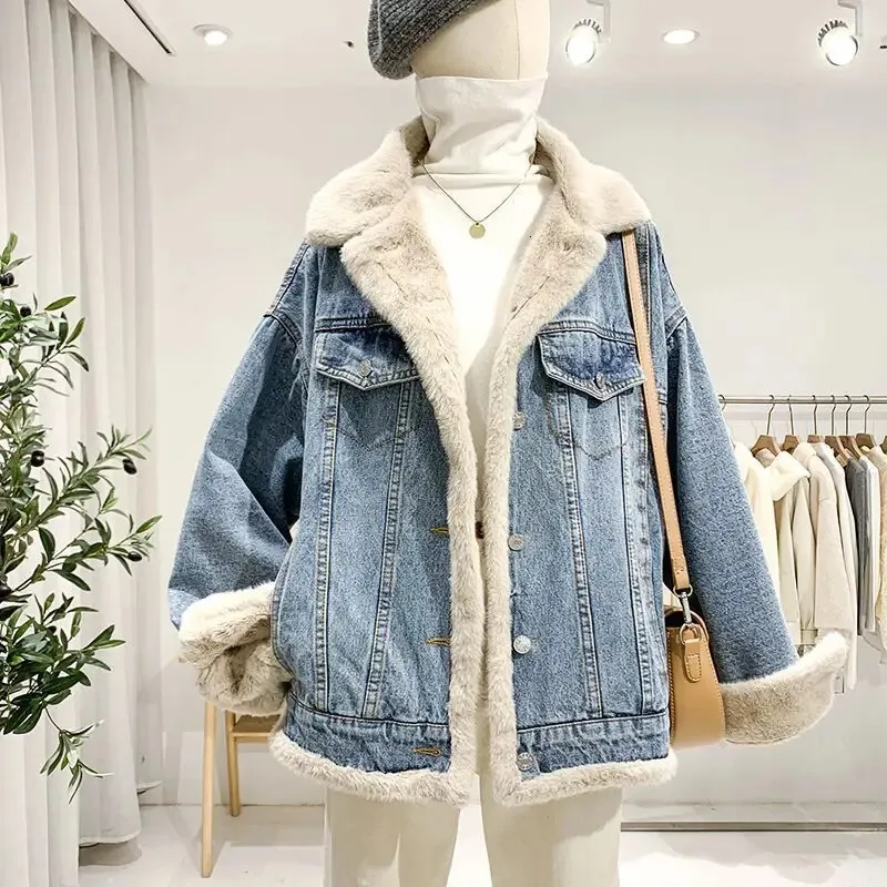 Jean jacka koreansk vinter båda sidor slitage plus sammet tjock varm denimrock enkel bröstknappar lapptäcke plysch outwear parka 231227