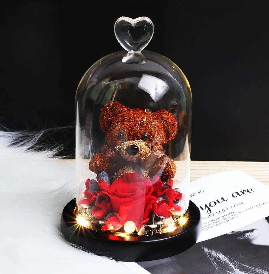 Rose fraîche éternelle préservée, joli ours en peluche moulé, lumière LED dans un flacon, Rose immortelle, saint-valentin, fête des mères G7659819