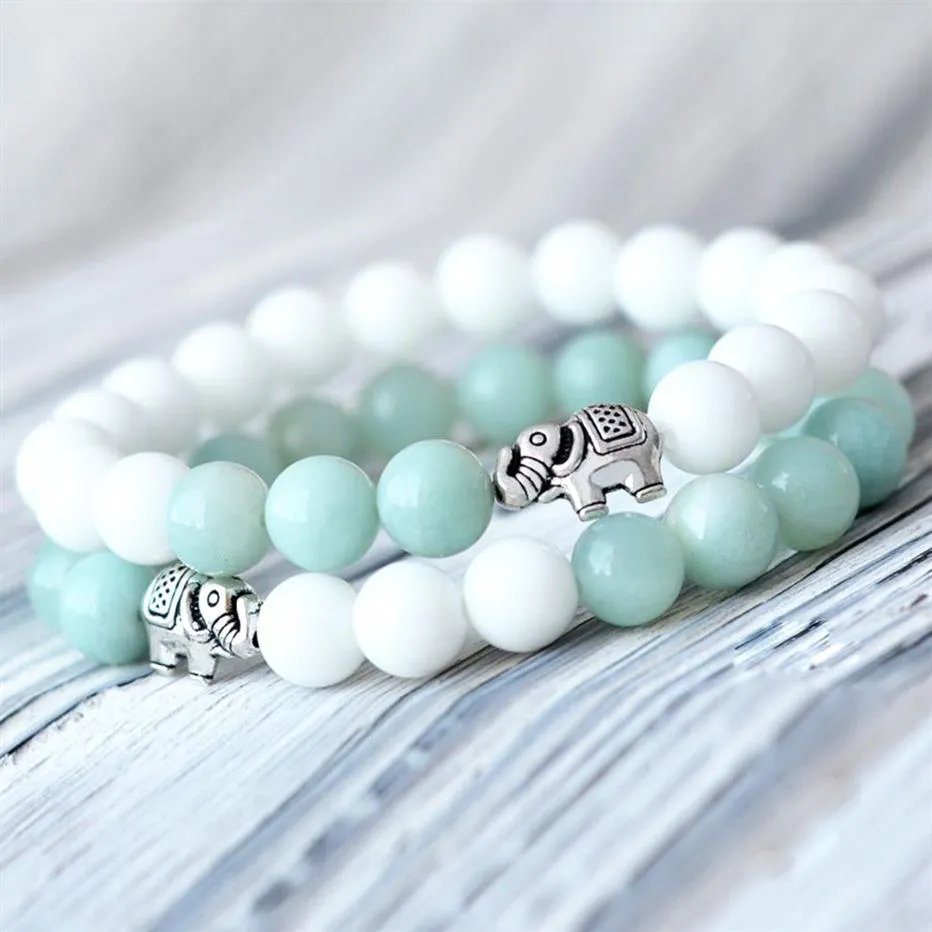 MG0753 8 mm A Grade Amazonite Bracelet Set Elephant Charm Wrist Mala Bracelet 8 mm White Shell Beads Yoga Bracelet Set220w