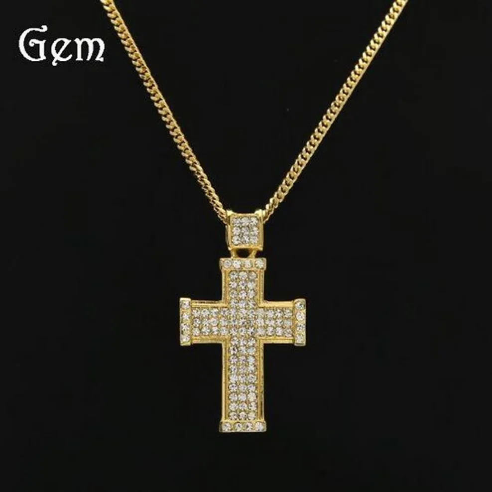 Europe US 18K real gold electroplating diamond three-dimensional cross pendant necklace hip-hop hip hop jewelry335Z