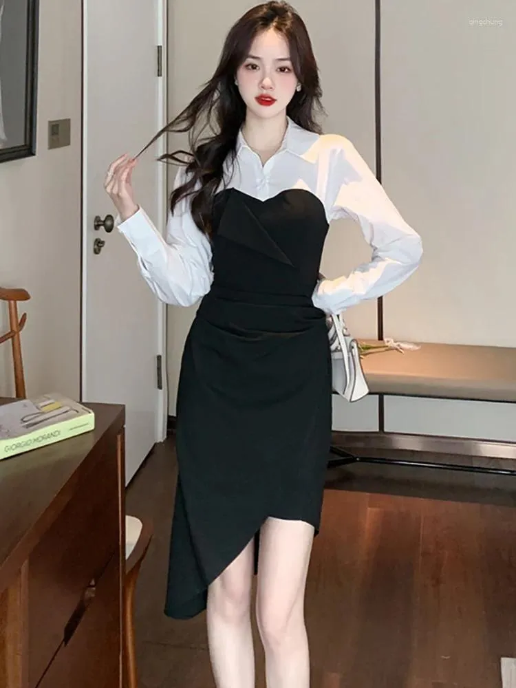 Casual Dresses 2023 Formal Dress for Wedding Woman Black Patchwork Long Sleeve Polo Collar Spring Autumn Luxury Elegant Party