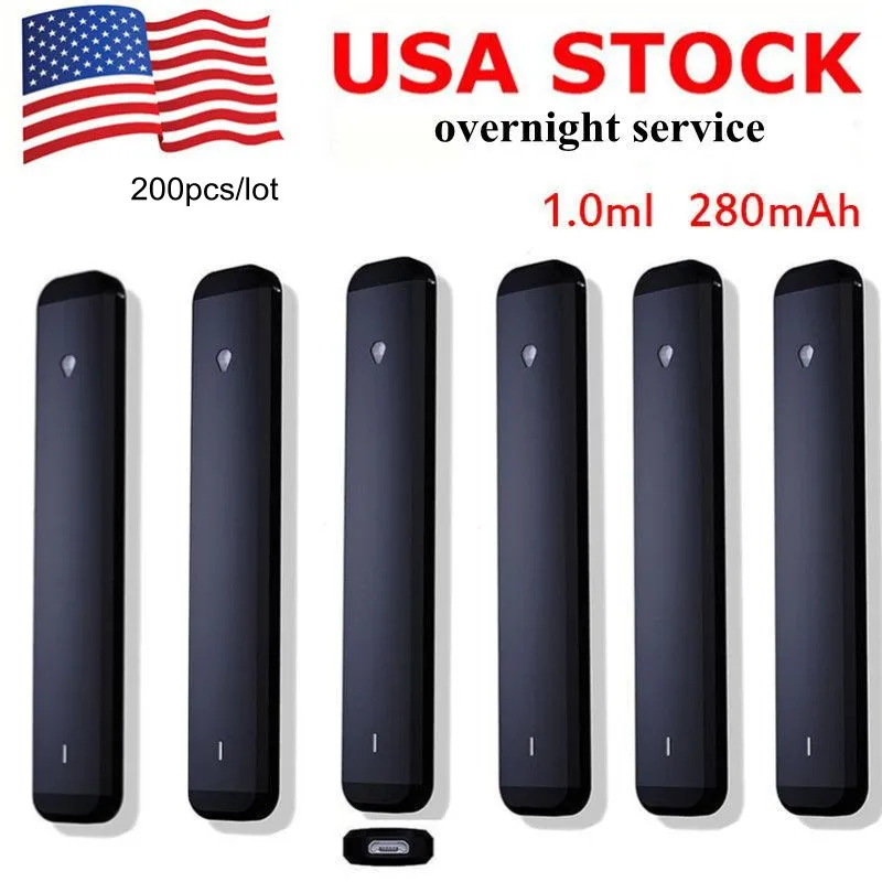 USA Stock Disposable Vape Pen 1 ml POD 280mAh Batterie rechargeable Device noir vide Emple Huile Tank Aucun obstacle sans plomb brûlant gratuite 50pcs / Commande d'échantillon de boîtier