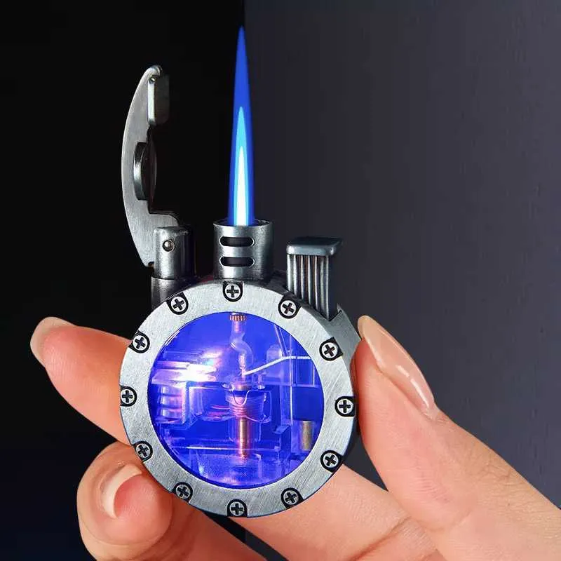 Retro Metal Windproof Blue Flame with LED LightEmitting Inflatable Lighter Outdoor Portable No Gas Lighter Cigarette Accessories