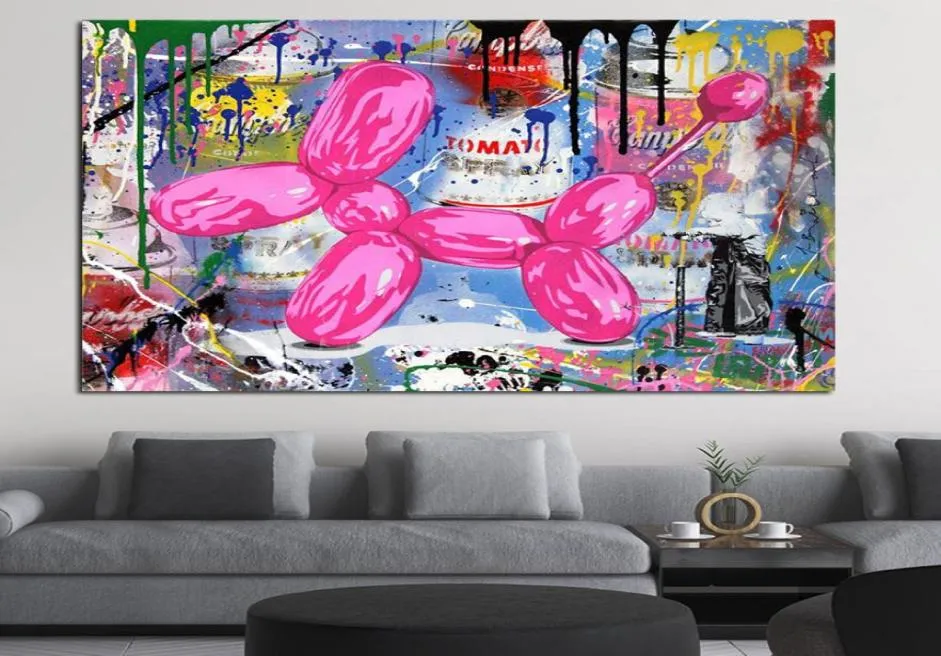 Tuval pembe balon köpek grafiti boyama duvar sanat resimleri karikatür baskılar ve posterler oturma odası için modern ev dekoratif 3198507