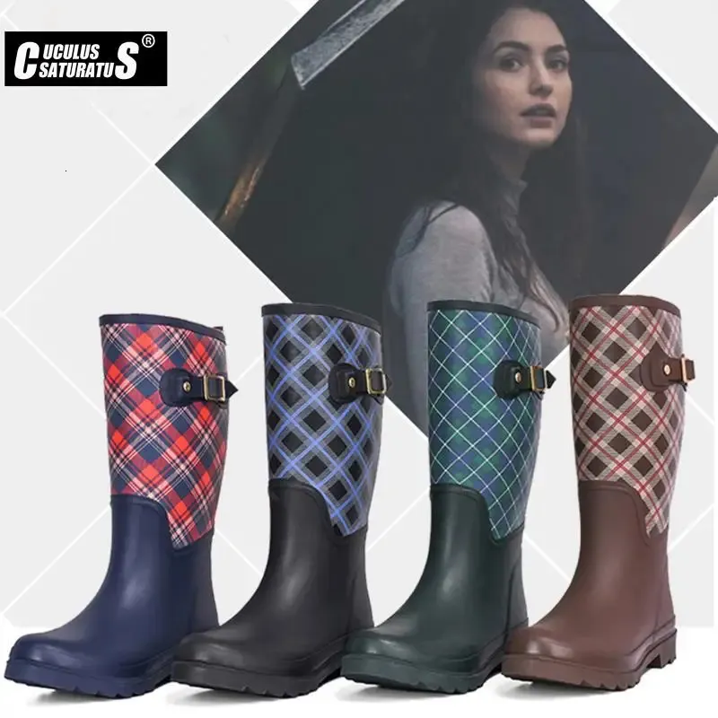 Cuculus gummi regnbotar brittiska klassiska högrör vattentäta skor för kvinnor regnstövlar kvinnliga knähöga kvinnor stövlar 231226