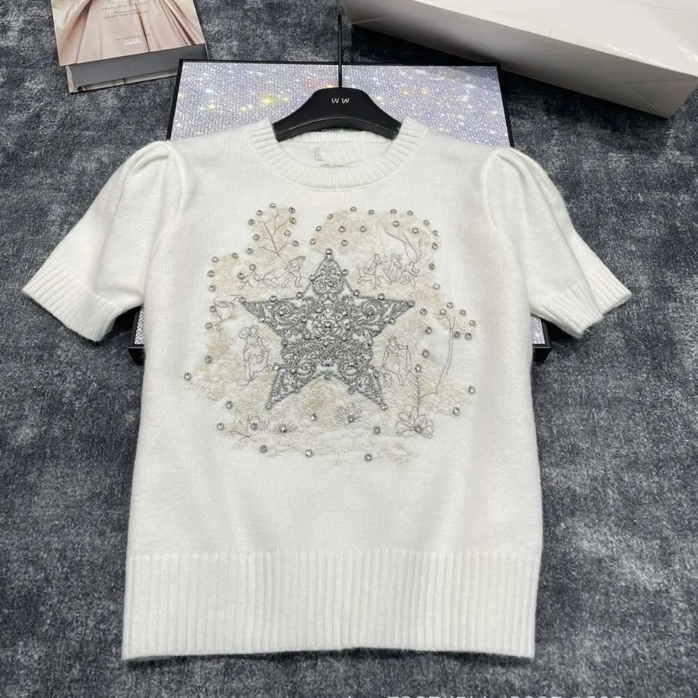 Designer 24 Early Spring New Full Nail Diamond Craft Short Sleeved Top Heavy Industry Ten Thousand Needle Brodery Bubble Sleeves Design Elegance