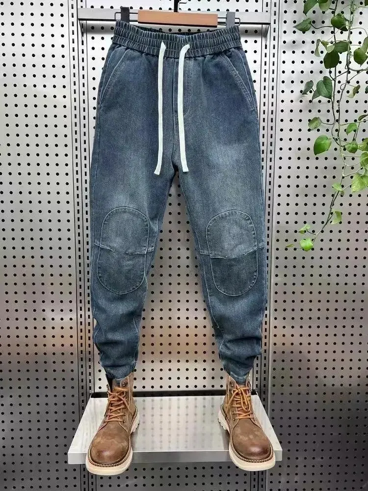 Męskie dżinsy retro zszywanie łaty mody streetwear na zewnątrz swobodne spodnie w wysokiej jakości ubrania