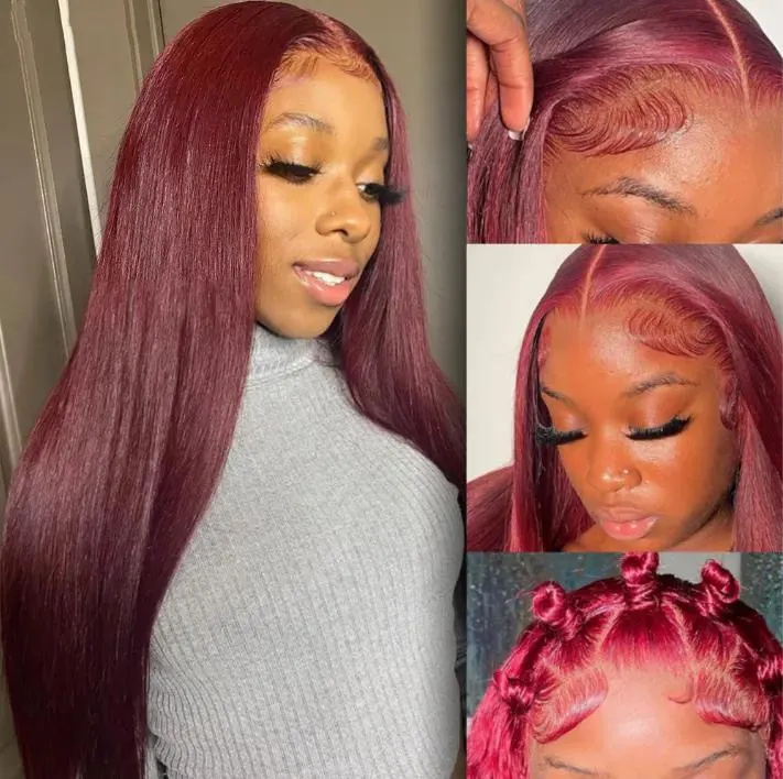 Synthetic Wigs Wigs 99j Straight 13x4 Burgundy Lace Front Wigs Human Hair 150% Hd Lace Frontal Human Hair PrePlucked With Wine Red Wig