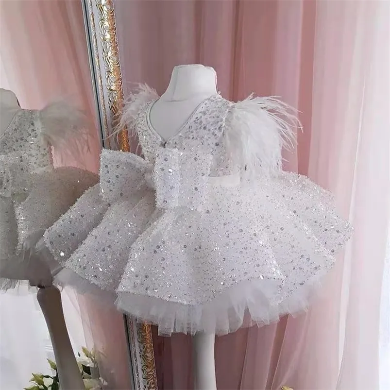 2023 White Baptism First Birthday Dress For Baby Girl Clothes Bow Princess Dresses Sequin Party Girls Costume Ball Gown 231226