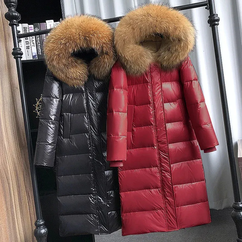 Large Natural Raccoon Fur Collar Hooded Winter Down Jacket Women 90% White Duck Down Thick Warm Park Female Long Snow Coat 231226