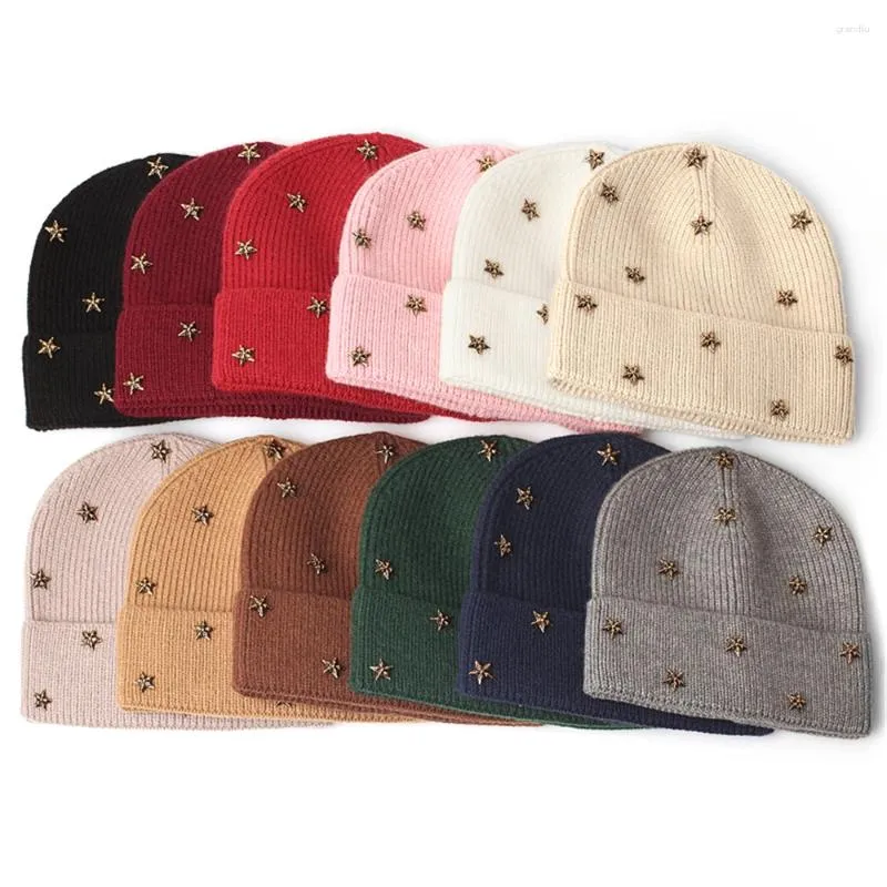 Berets Warm Pentagram Beanies Cotton Ribbed Hat Women Autumn Winter Knitted Hats Ladies Stretch Slouchy Striped Baggy Skullies Cap