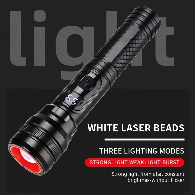 1 Ställ in multifunktionellt starkt ljus, långsiktigt ficklampa, digital elektrisk display Vit laserteleskopisk fokusladdningsljus, bärbar handhållen ficklampa