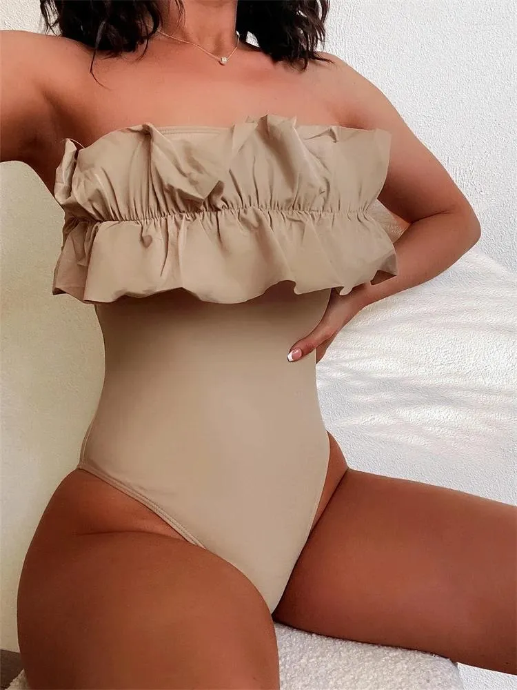 Damenbadebekleidung Einteiliger Badeanzug Frauen 2023 Feste Rüschen Bandeau Sexy rückenfreier Bodysuit Monokini Sommer Strand Badeanzug weiblich
