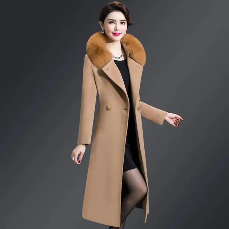 Mélanges M5XL femmes mélanges de laine manteau automne hiver 2022 mode mère col de fourrure de renard épaissir veste en laine longue hauts d'extérieur femme