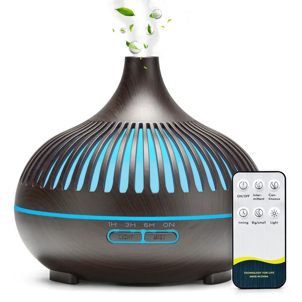 500ML Aromatherapy Essential Oil Diffuser Wood Grain Remote Control Ultrasonic Air Humidifier Cool with 7 Color LED Lights 231226
