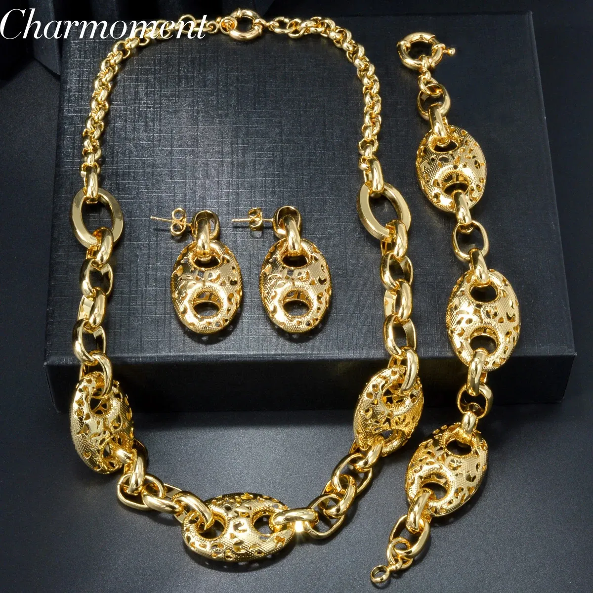 Trend Jewelry Set Gold Plated Drop Earring and Pendant Set 18k Luxury Wedding Dubai Accessory 231226