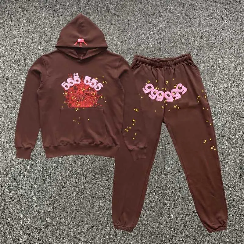 Sweat-shirt à capuche pour hommes, imprimé mousse Young Thug Sp5der 555555, ensemble marron, survêtement à la mode, toile d'araignée, XX59