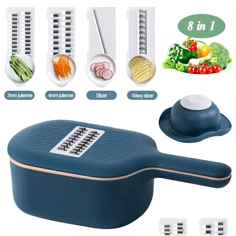 Fruktgrönsaksverktyg Mandoline Slicer Vegetabiliska chopper MTI-AN-ANVÄNDNING VEGGIE Cutter Jienne Grater med Drain Basket For Cabbage Fruit DHD95