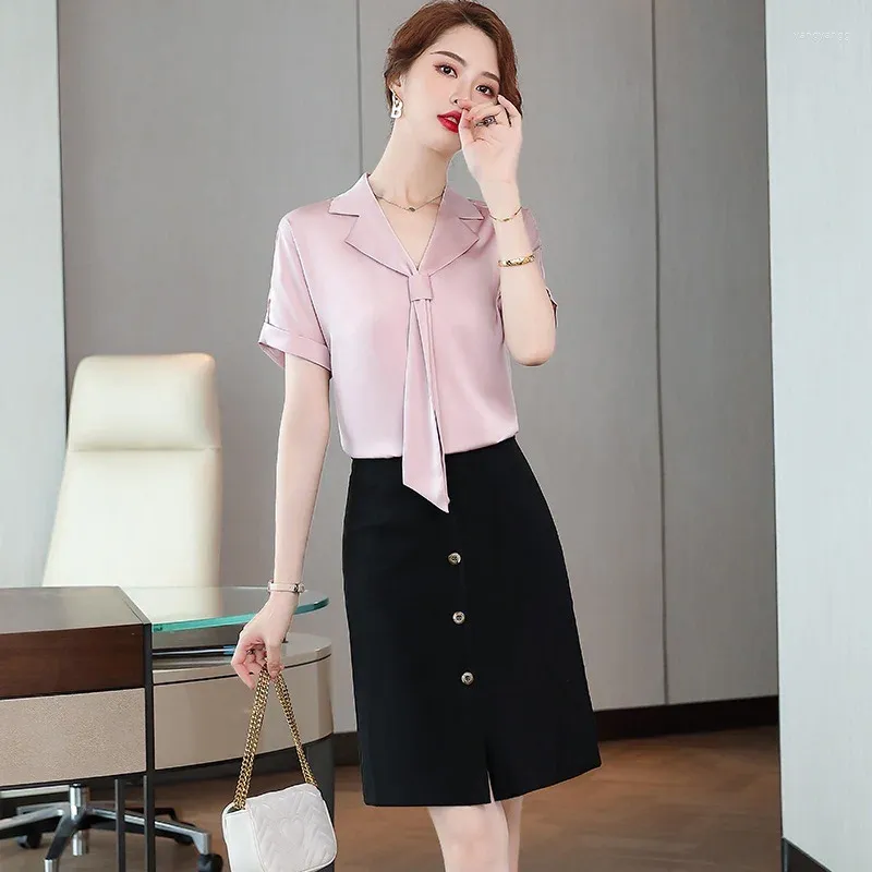 Женские блузки, летние модные женские рубашки, розовые офисные женские рубашки с короткими рукавами, комплекты из 2 предметов с юбкой и топом