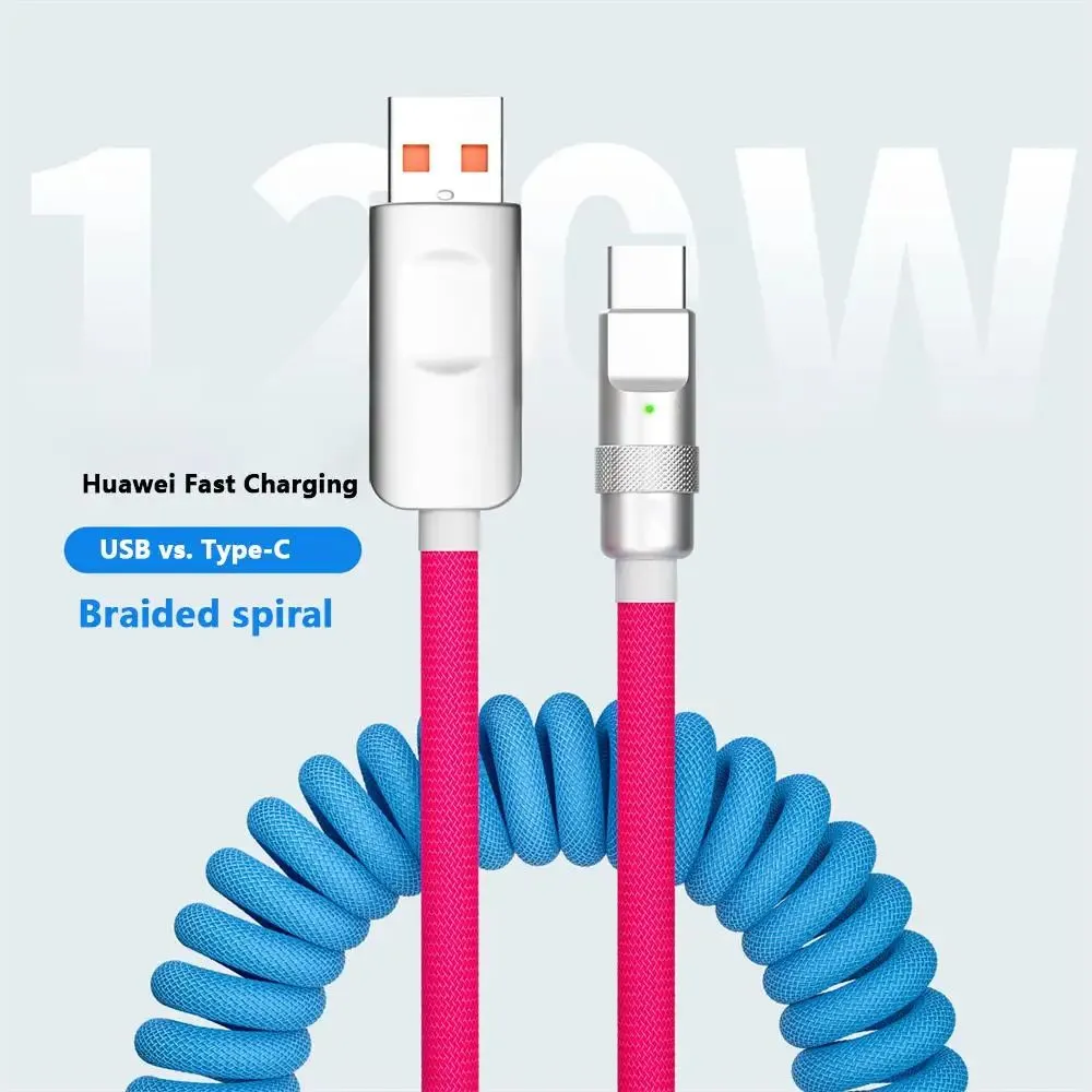 120W PD高速充電器タイプCケーブルUSB C 2M格納式ケーブル用iPhone15 Xiaomi Huawei Samsung iPad Nylon Spring Cable