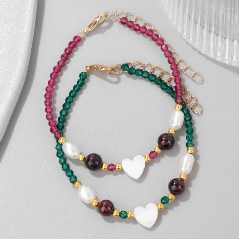 Strand forma de coração mãe de pérola concha charme pulseira pedra natural cristal facetado contas corrente pulseiras para mulheres moda jóias