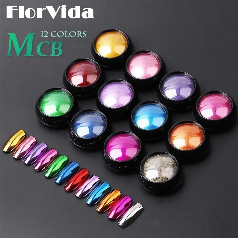 Florvida 12pcs مجموعة Magic Mirror Glitter Powder Art Art Nail Dusts Frass on Nails Design for Manicure Holographic MCB 231227