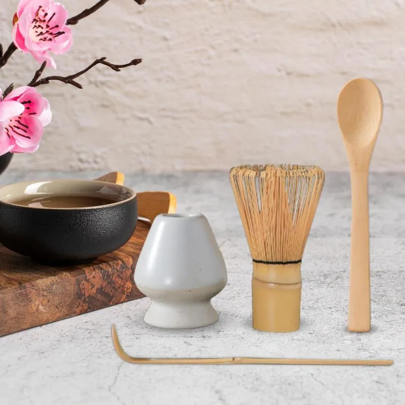 Set da tè 3/4 pezzi Set Matcha Frusta di bambù Scoop Ciotola in ceramica Strumenti per la preparazione del tè a casa Accessori Regali di compleanno per il tè