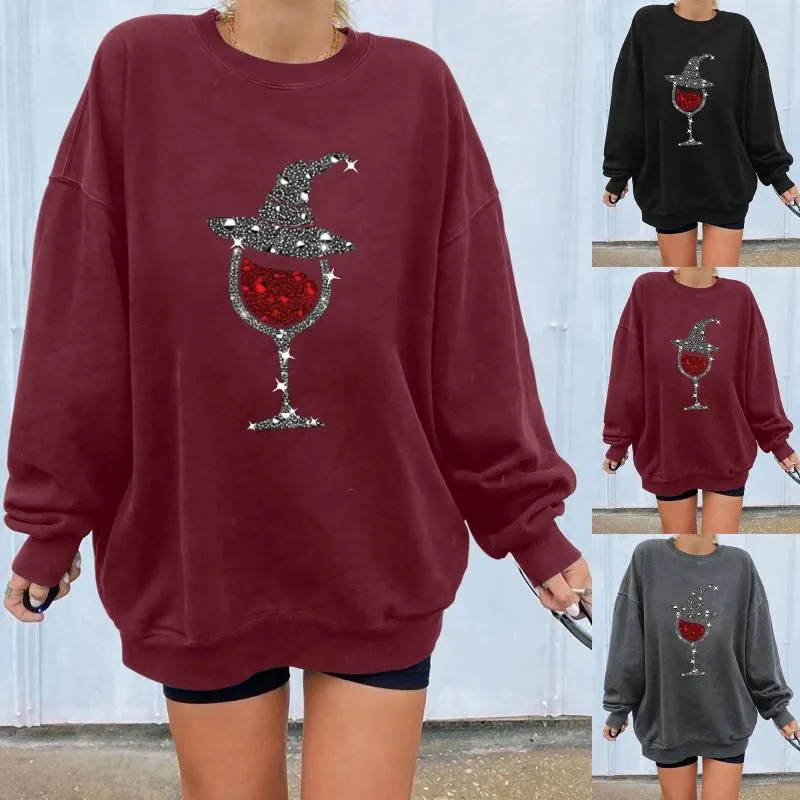 Dames Hoodies Mode Strass Rode Wijn Cup Ovrtsized Sweatshirts Losse Ronde Kraag Herfst Trui Grote Maten Halloween Sudadera