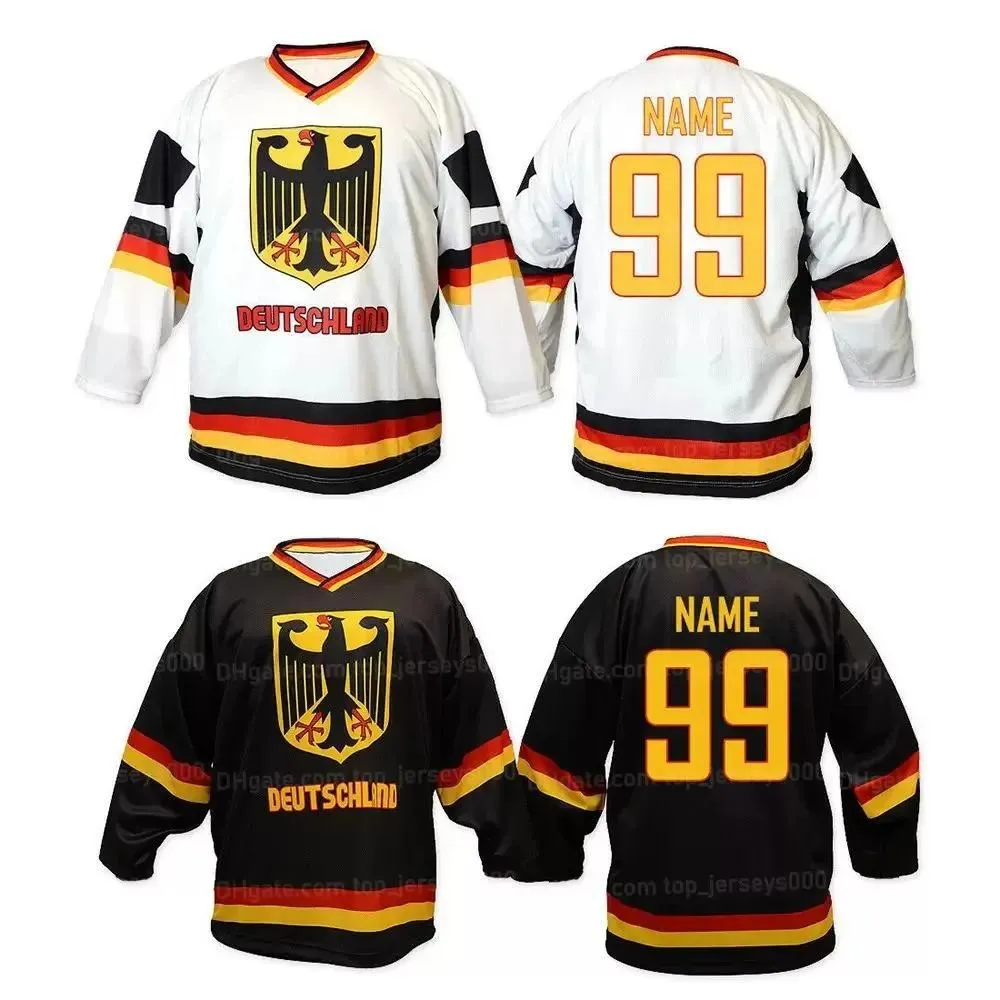 ustawiaj niestandardowy hokej, dostosuj zespół Niemcy Deutschland Ice Hockey Jersey Haft haftowy White Black Dowolna liczba i koszulka z nazwiskami