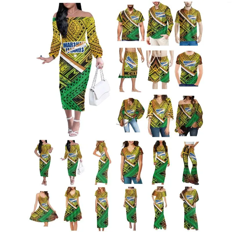 Men's Casual Shirts Polynesian Islands Tattoo Prints Clothes Women Dress Matching Men Shirt Comfortable Yellow Green Lovers