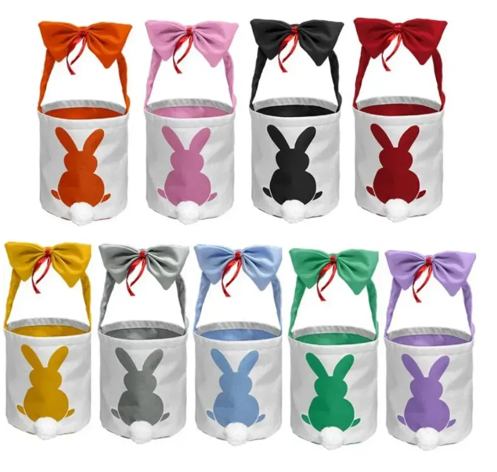 Party Gift Decoration Easter Bunny Basket Bags For Kids Cotton Linen Carrying Gift and Eggs Hunt Bag Fluffy Tails Printed Rabbit Toys Bucket Tote