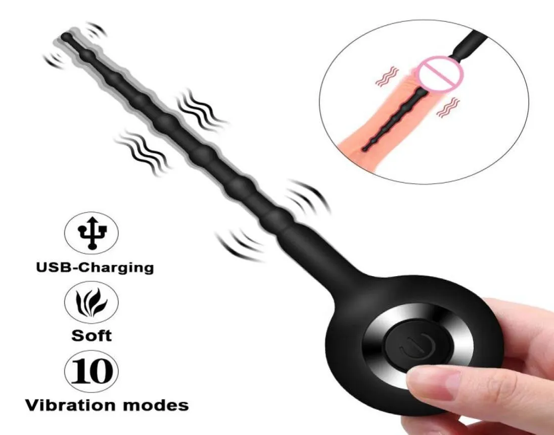 Masculino Uretral Penis Plug Vibrador 10 Modos Uretral Vibratório Dilatador Brinquedo Sexual Para Homens Masculino Masturbador Glande Estimulador Silicone M7611910