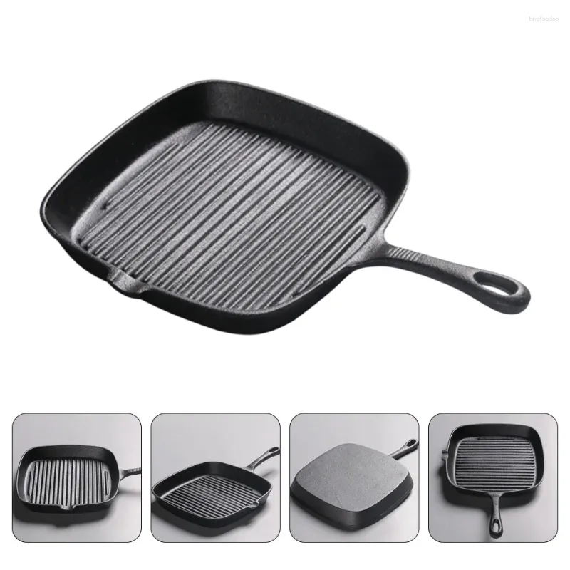 Pans 1 Pc Household Handle Cast Iron Pot Striped Square Non-stick (Black)