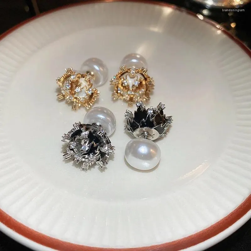 Stud Earrings Minar Sweet White Black Color Enamel CZ Zircon Flowers 14K Real Gold Silver Plated Copper Imitation Pearl Earring