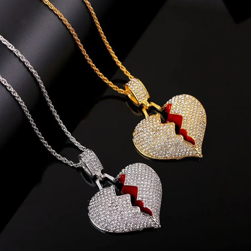 Chaînes glacées pendentif coeur brisé colliers hommes Bling cristal strass amour charme or argent ed chaîne pour femmes 2547