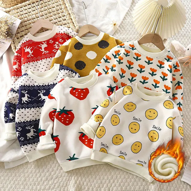 Winter Children T Shirt Plus Velvet Sweter dla dzieci zagęszcza ciepłe chłopców bluzy dziewczyny świąteczne odzież wierzchnia dziecka 231227