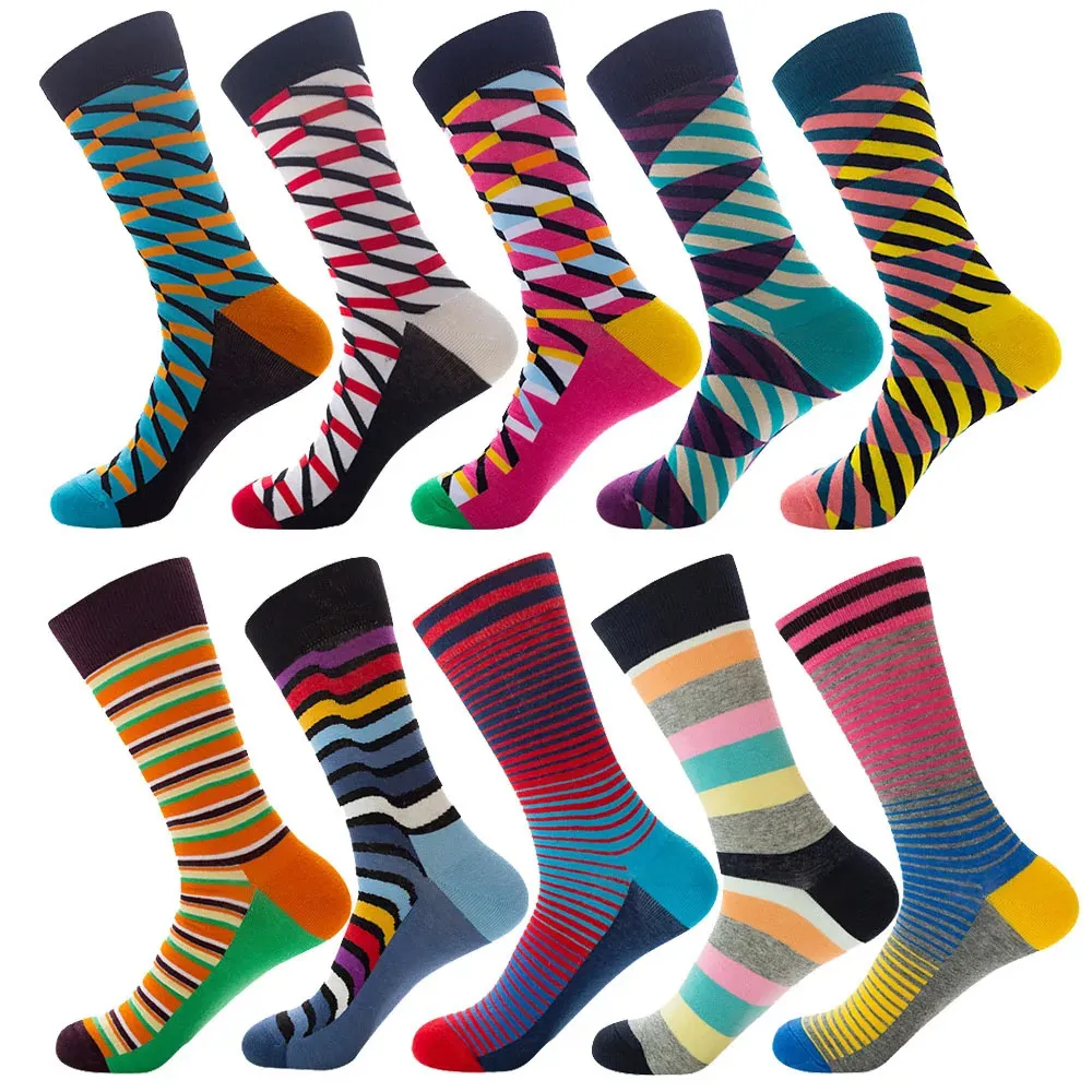 Chaussettes longues à rayures en coton peigné pour hommes, Hip Hop, femme, Harajuku, Plaid diamant, cadeaux d'affaires amusants pour hommes, 5 paires, 231226