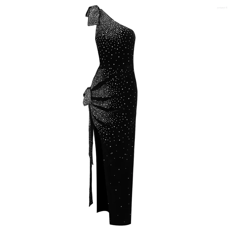 Robes décontractées Mode Femmes Élégant Luxe Joli Col Diagonal Noir Velours Maxi Longues Robes De Fiesta Soirée De Bal