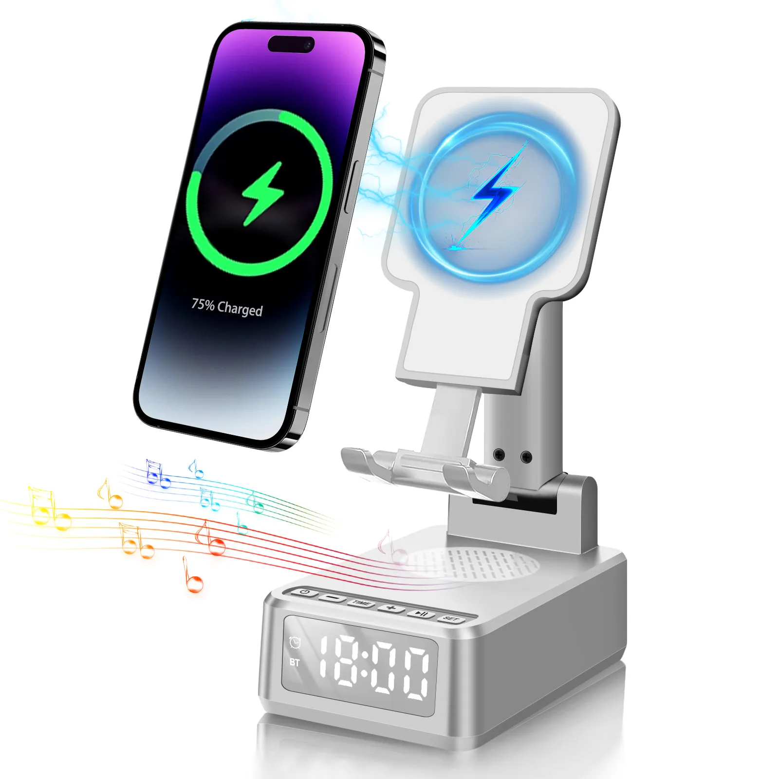 15W Wireless Charger 4-in-1 Foldable Phone Stand iPhone, Android Portable Wireless Charging Station Bluetooth Speaker Timer Alarm Clock