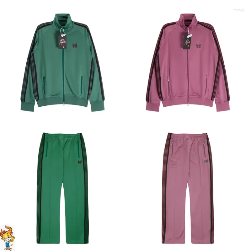 Tracksuits Masculinos Verde Rosa Agulhas AWGE Track Calças Zipper Jaquetas Set Homens Mulheres Bordado Borboleta Logo Stripe Sweatpants Calças Terno