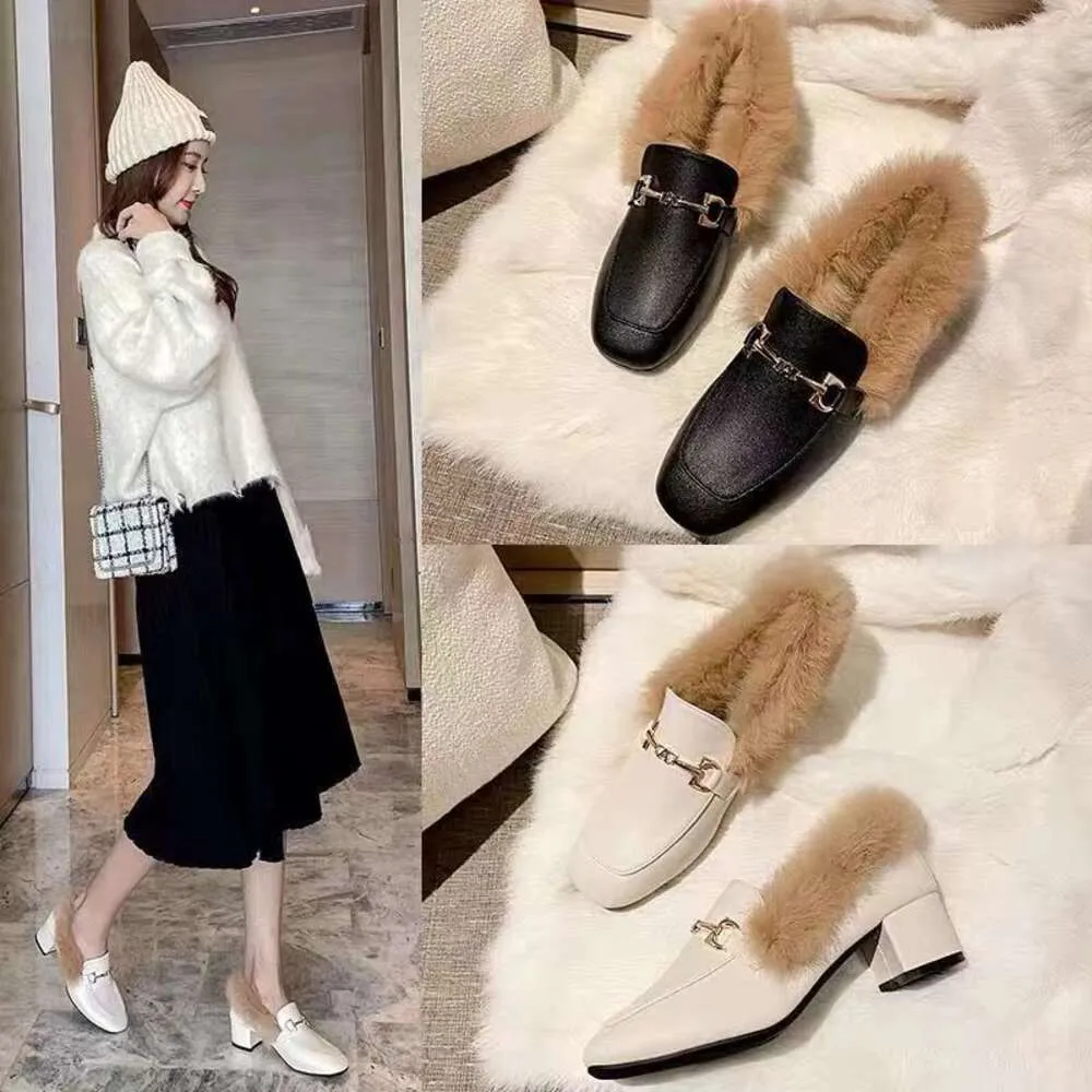 Designer shoes Thick Heel Plush Shoes for Women's Winter Outwear Versatile Autumn Winter Plush Shoes Rabbit Middle Heel Shoes for Women Furry slipper ZBFPl