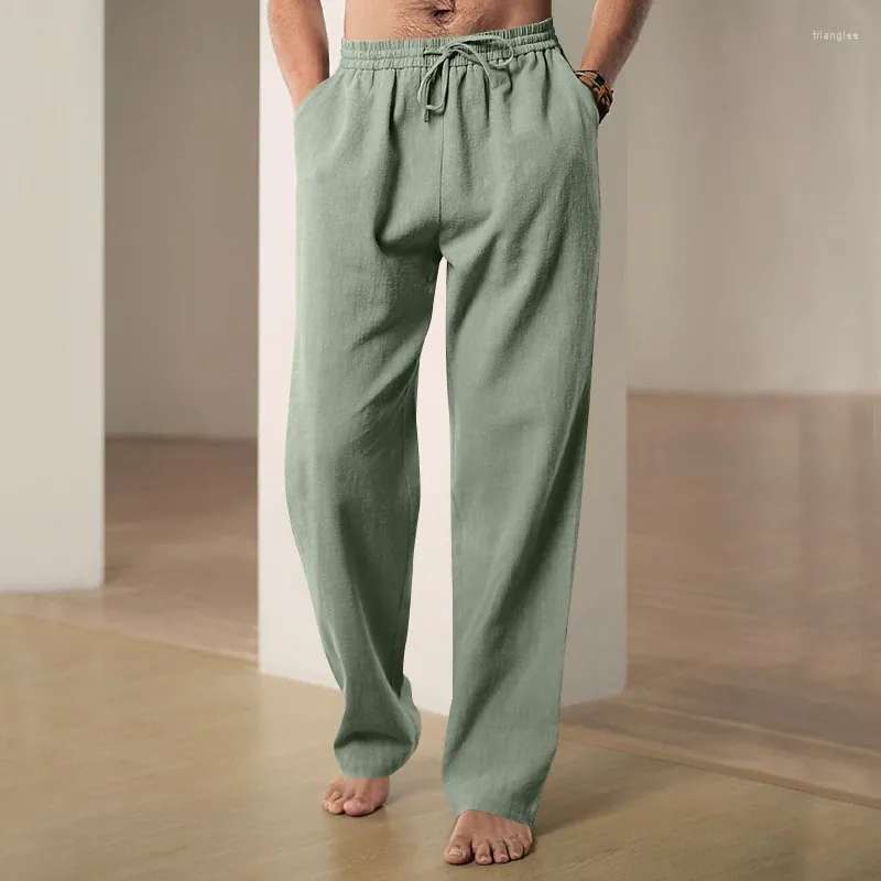 Мужские брюки 2024 г., хлопковые и льняные брюки, однотонные, свободного покроя, тонкие дышащие, модные широкие брюки с поясом на талии.